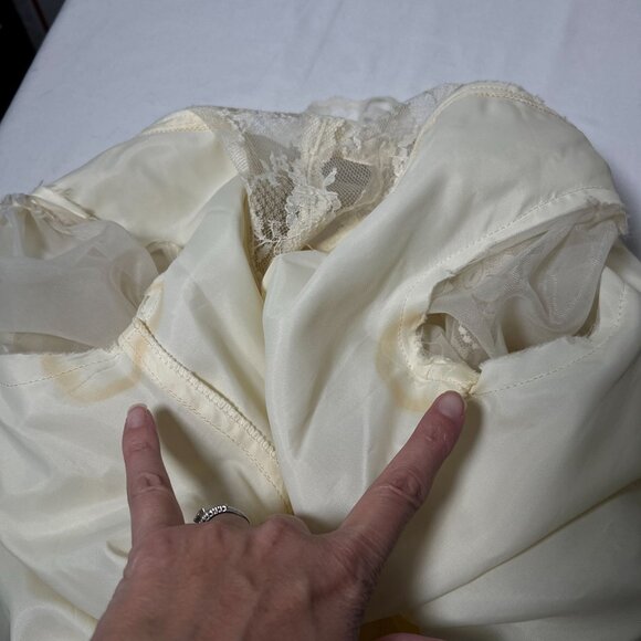 Vintage 70s Chiffon Maxi Wedding Dress Union Made Prom Ivory Lace Hi Neck Small - Picture 15 of 16